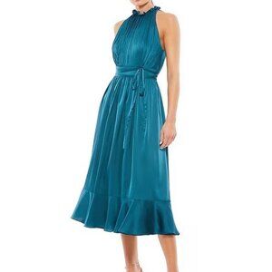 Ieena Mac Duggal Peacock Blue Ruffle Satin A-Line Midi Dress